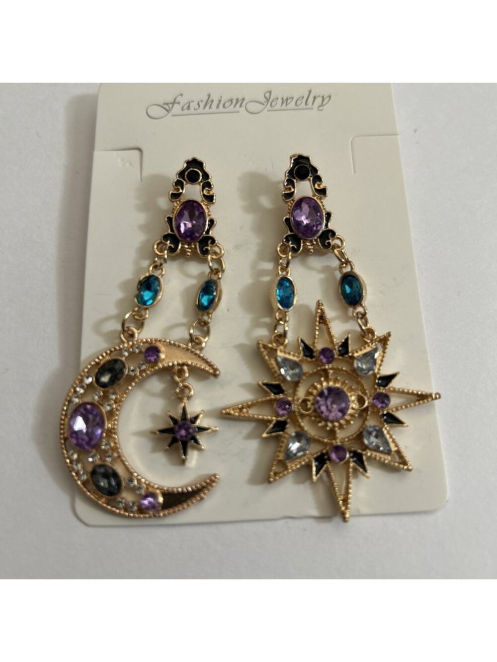 CELESTRIAL SUN MOON ASYMMETRIC Huge DROP DANGLE EARRINGS 2.5” Teal Purple Celtic